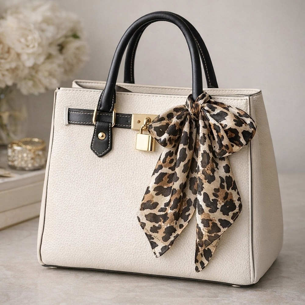 Leopard Print Satin Scarf Square Brown Tan Animal Print Vintage Style